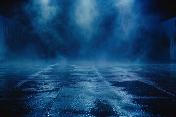 Dark street, wet asphalt, reflections of rays in the water. Abstract dark blue background, smoke, smog. Empty dark scene, neon light, spotlights. Concrete floor - generative ai