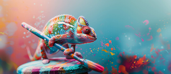 Chameleon and paint brush, minimal concept