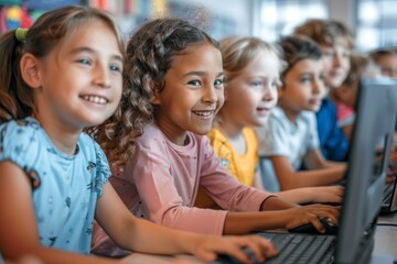Fototapeta premium Multiethnic group of children using computers in a classroom.