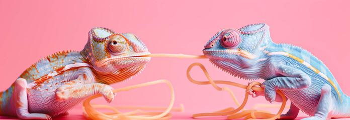 Two chameleons with Italian spaghetti, pink background, minimal concept
