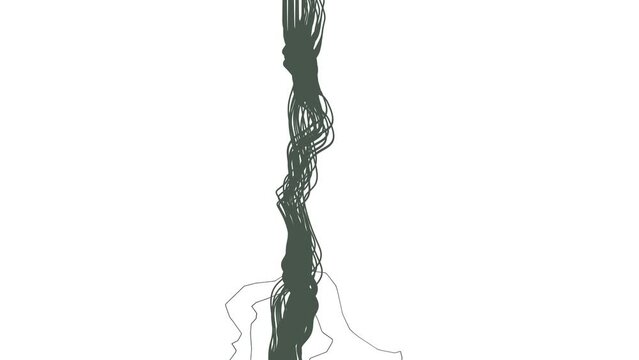 In the center of the image, a thick striped rope, thread or thread is jerking or moving. Below there are black threads extending from the general mass.