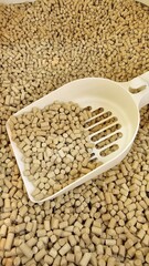 cat litter in the box with litter scoop, soy litter, tofu litter, alternative litter, biodegradable flushable, cat stuff, 