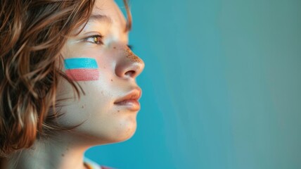 Young individual with short hair looking to side, flag colors painted on cheek, thoughtful expression