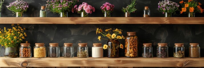 wooden shelves display herbal remedies, representing alternative medicine with space for text