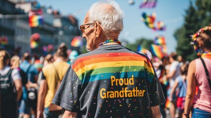 Elderly man wearing "Proud Grandfather" rainbow shirt at pride parade, colorful balloons in background