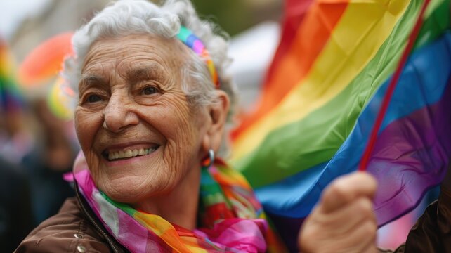 Elderly woman smiling with pride flag in background at sunny outdoor event