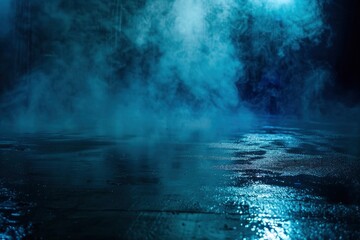 Dark street, wet asphalt, reflections of rays in the water. Abstract dark blue background, smoke, smog. Empty dark scene, neon light, spotlights. Concrete floor - generative ai