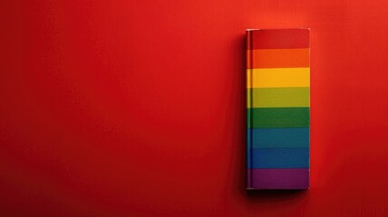 Rainbow-colored notebooks stacked vertically against red background