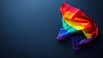 Vibrant rainbow flag on dark blue background, symbolizing LGBTQ+ pride
