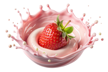 Vibrant Strawberry Milk Swirl Splash with Bubbles on Transparent Background