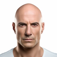 Closeup of a bald mans head isolated on a white background, Ai Generated