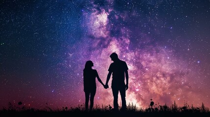 In universe landscape, couple stands together under starry night sky, Ai Generated
