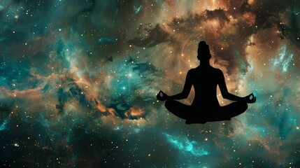 Astral body silhouette meditates in lotus pose against cosmic backdrop, Ai Generated