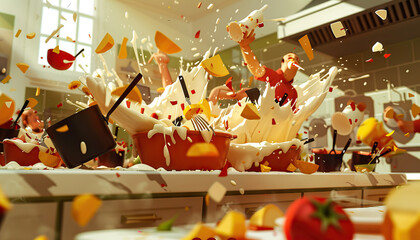 Too many cooks spoil the broth: A depiction of a chaotic kitchen with many people trying to cook, resulting in a ruined dish, emphasizing the idea that too many people involved in a task