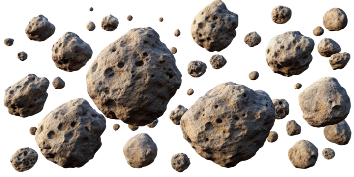 Flying Rock Asteroids Swarm of Boulders Stone Meteorite Isolated Transparent Background - Powered by Adobe
