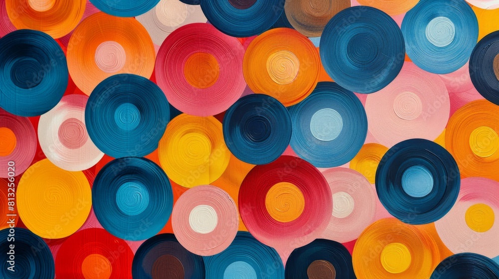 Poster pastel circle print, abstract circular patterns in soft hues on fabric, making for a unique and arti