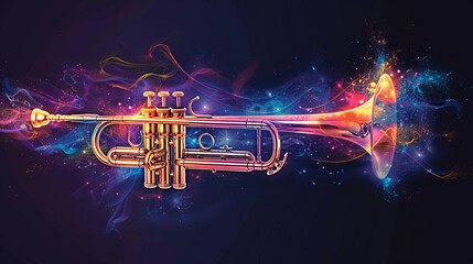 Imagine a jazz trumpets bell expelling a burst of colorful musical notes, set against a dark background with space for event details