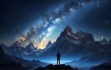 A man standing on top of a mountain under a night sky - Powered by Adobe