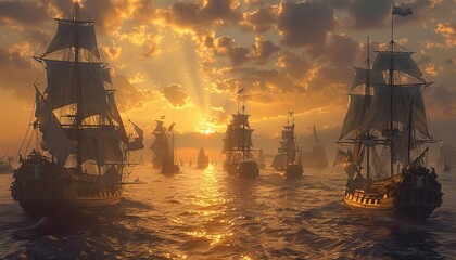 Imagine a scene from the age of exploration with multiple ships setting sail from a European port, embarking on a perilous ocean journey
