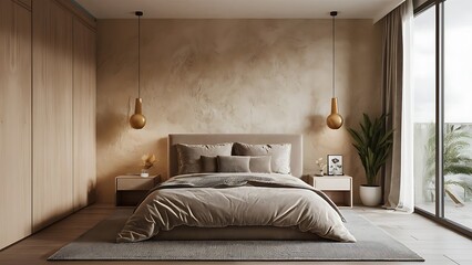 Minimalist interior design of modern bedroom with beige stucco wall, interior design concept