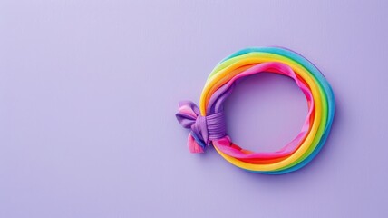 Colorful rainbow hair scrunchie on purple background
