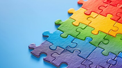 Partially completed multicolored jigsaw puzzle on blue background