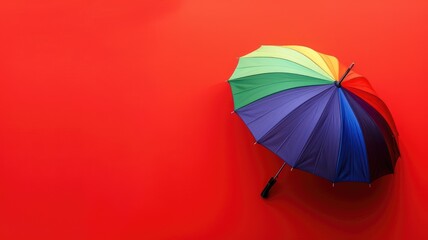 Multicolored umbrella on red background with smooth texture