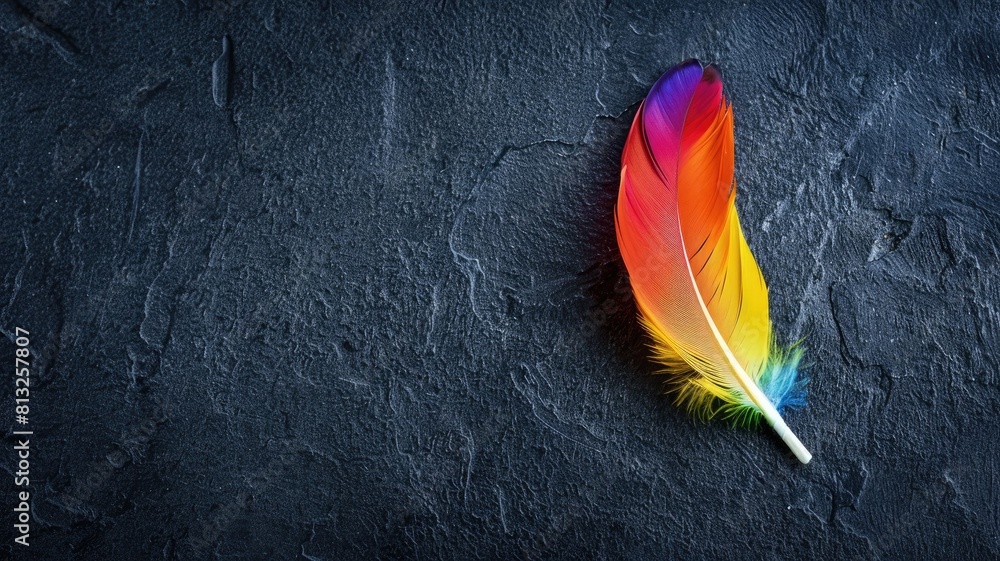 Poster multicolored feather on textured dark background