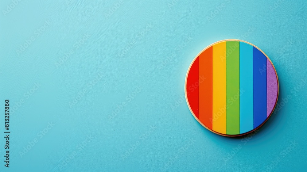 Poster circular object with multicolored vertical stripes against blue background