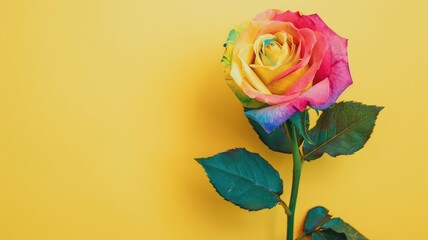 Multicolored rose against yellow background