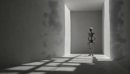 In the stark whiteness, a solitary skeleton casts its shadow, the only contrast in the void ai_generated