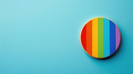 Circular object with multicolored vertical stripes against blue background
