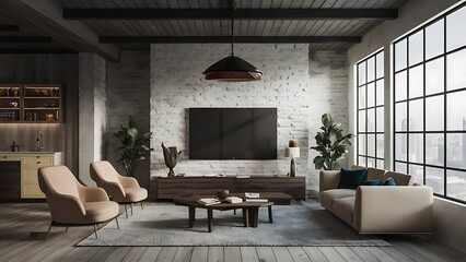 Loft interior design of modern living room, minimalist home with tv , interior design concept