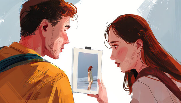 Absence makes the heart grow fonder: An illustration of two people, one traveling away, looking longingly at a photo of the other