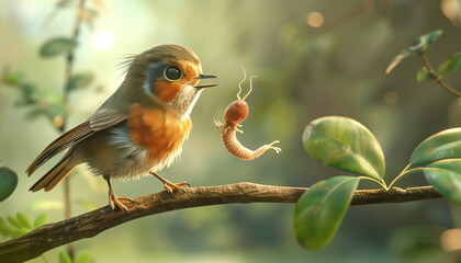 The early bird catches the worm: An illustration of a bird perched on a branch, plucking a worm from the ground, symbolizing the benefits of being proactive and taking action early