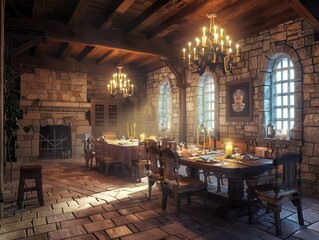 dinner room in medieval castle, 3d model