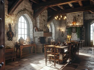 dinner room in medieval castle, 3d model
