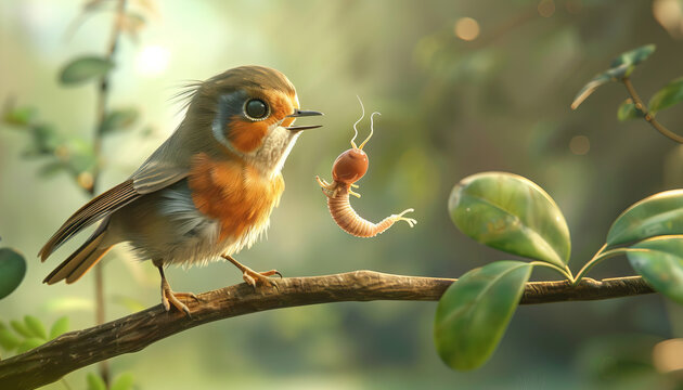 The early bird catches the worm: An illustration of a bird perched on a branch, plucking a worm from the ground, symbolizing the benefits of being proactive and taking action early