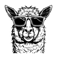 llama sunglasses engraving black and white outline