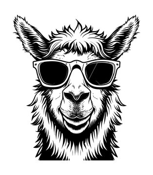 recommend clip art: llama sunglasses engraving black and white outline