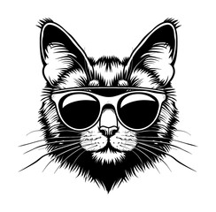 cat sunglasses engraving black and white outline