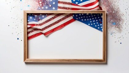 Empty wooden frame surrounded by white, blue and red star-shaped sparkles and american flag on white isolated background with copy-space created with generative ai	