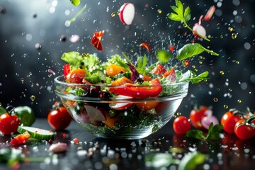 Bowl of vegetable salad with flying vegetables and oil drops.