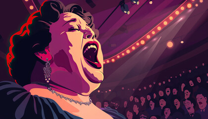 It's not over until the fat lady sings: An illustration of a theatrical performance where a large woman is singing, indicating that an outcome is not final until a certain event occurs