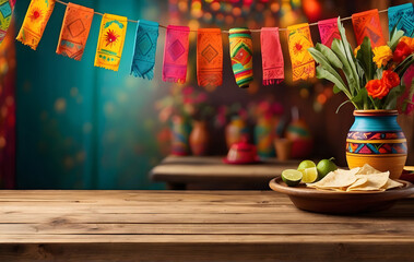 Empty wooden table with Mexican fiesta background