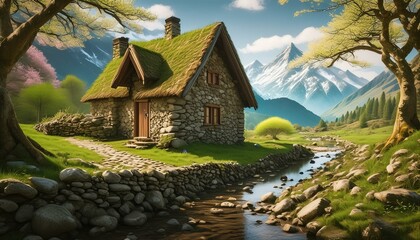 Beautiful cozy fantasy stone cottage in a spring forest aside a cobblestone path and a babbling brook. Stone wall. Mountains in the distance. Magical tone and feel, hyper realistic.