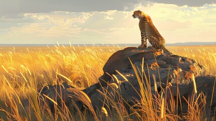 A lone cheetah resting atop a rocky outcrop in the vast expanse of the African savanna, its sleek form blending seamlessly with the golden grasses. - Powered by Adobe