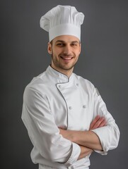 chef, wearing his uniform with long sleeves and hat