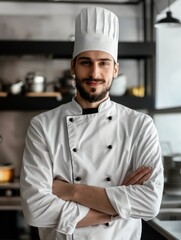 chef, wearing his uniform with long sleeves and hat
