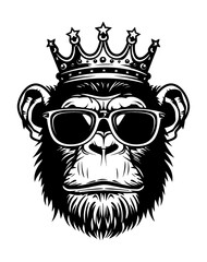 king gorilla wear crown sunglasses engraving black and white outline